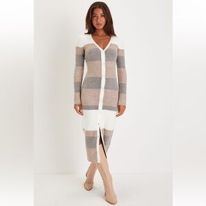 Comfy Darling Ivory Striped Button-Up Midi Sweater Dress